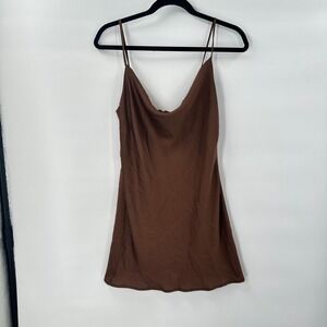 Y2K Mini Slip Dress XS Chocolate Brown Satin Cowl‎ Neck Spaghetti Strap Indie